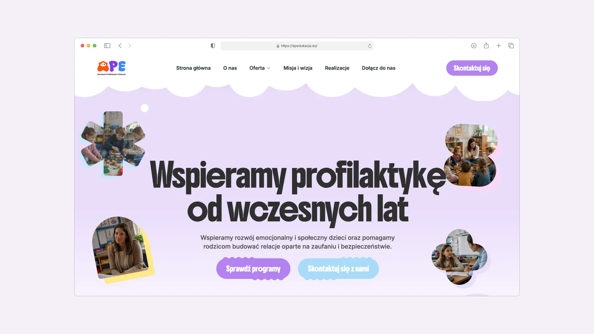 Strona główna Akademii Profilaktyki i Edukacji z nagłówkiem „Wspieramy profilaktykę od wczesnych lat”, menu nawigacyjnym oraz przyciskami prowadzącymi do oferty i kontaktu.